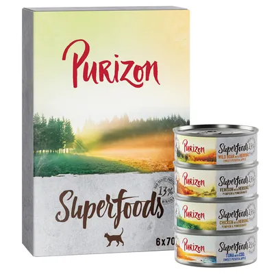 Purizon Superfoods kattmat, 6x70g burkar: vildsvin, hjort, kyckling, tonfisk. Hög proteinhalt 13 %, utan spannmål.