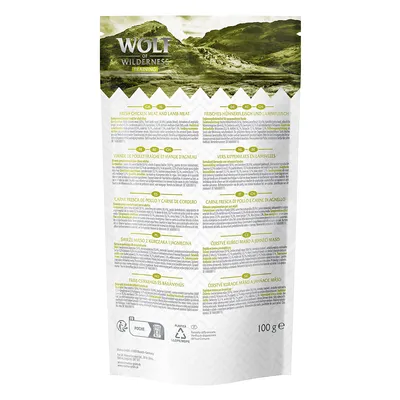 Wolf of Wilderness Training, sveže piščančje in jagnječje meso, 100 g. Embalaža z večjezičnimi informacijami o izdelku in navodili za recikliranje.