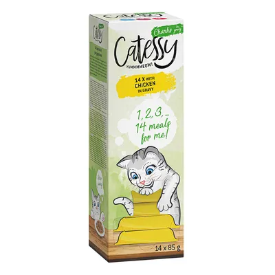 Catessy Chunks in Gravy, 14 x 85 g z kurczakiem. Ilustracja kota z żółtymi porcjowanymi opakowaniami i tekst: '1, 2, 3... 14 meals for me!'.