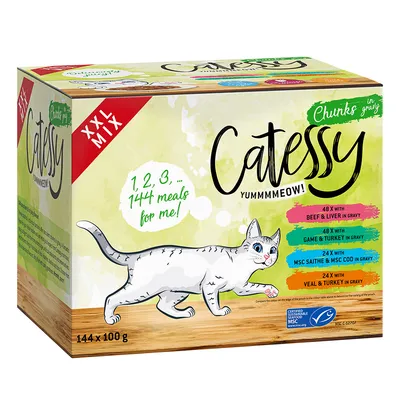 Catessy XXL Mix, 144 x 100g. Sorten: Rind & Leber, Wild & Truthahn, Seelachs & Kabeljau, Kalb & Truthahn in Sosse. MSC-zertifiziert, nachhaltige Fischerei.
