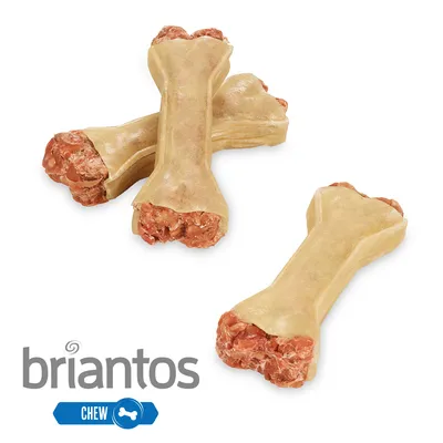 Briantos Kauknochen mit Fleischfüllung, geeignet zum Kauen. Sichtbar: drei Knochen und Briantos-Logo mit blauem 'Chew'-Symbol.