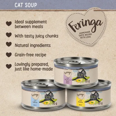Cat soup features: ideal supplement between meals, with tasty juicy chunks, natural ingredients, grain-free recipe, lovingly prepared like home-made. Three tins shown.