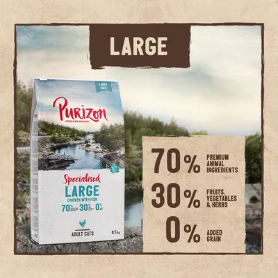 Purizon Specialised Large Chicken with Fish voor volwassen katten, 6,5 kg. 70% premium dierlijke ingrediënten, 30% fruit, groenten & kruiden, 0% toegevoegde granen. Voor grote katten.