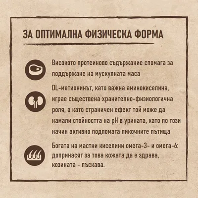 За оптимална физическа форма: високо протеиново съдържание, DL-метионин за пикочни пътища, омега-3 и омега-6 за здрава кожа и лъскава козина. Текст на български.