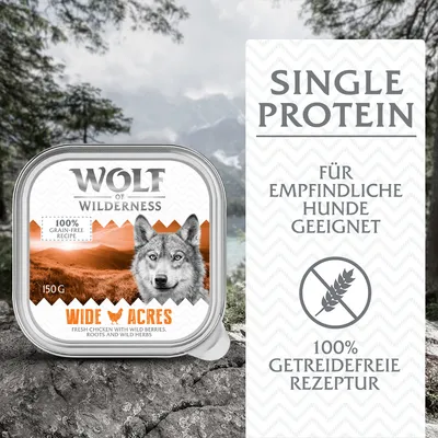 Wolf of Wilderness Wide Acres, 150g. Single Protein, geeignet für empfindliche Hunde, 100% getreidefreie Rezeptur mit frischem Huhn, Wildbeeren, Wurzeln und Wildkräutern.