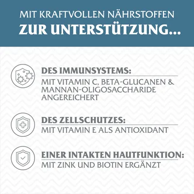 Mit kraftvollen Nährstoffen zur Unterstützung: Immunsystem mit Vitamin C, Beta-Glucanen; Zellschutz mit Vitamin E; Hautfunktion mit Zink und Biotin.