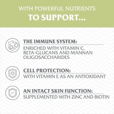 Text v angličtine: The immune system – enriched with vitamin C, beta-glucans and mannan oligosaccharides; cell protection – with vitamin E as an antioxidant; an intact skin function – supplemented with zinc and biotin.