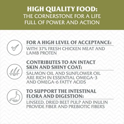 Text v angličtine: High quality food, for a high level of acceptance with 37% fresh chicken meat and lamb protein, contributes to an intact skin and shiny coat, to support the intestinal flora and digestion.