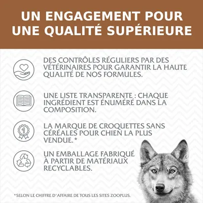 UN ENGAGEMENT POUR UNE QUALITÉ SUPÉRIEURE : contrôles vétérinaires, liste transparente des ingrédients, marque de croquettes sans céréales la plus vendue, emballage recyclable.
