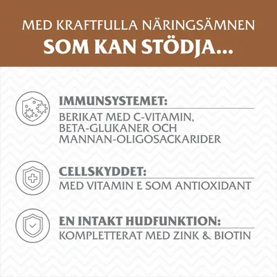 Med kraftfulla näringsämnen som kan stödja immunsystemet, cellskyddet och en intakt hudfunktion. Berikat med C-vitamin, beta-glukaner, vitamin E, zink och biotin.