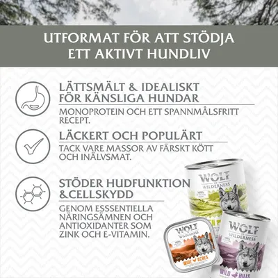 Text: Utformat för att stödja ett aktivt hundliv. Lättsmält & idealiskt för känsliga hundar, läckert och populärt, stöder hudfunktion & cellskydd. Wolf of Wilderness burkar syns nedtill.