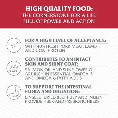 Text v angličtine: High quality food, 40 % fresh pork meat, lamb and goat protein, salmon oil and sunflower oil, omega-3 a omega-6, linseed, dried beet pulp, inulin, fiber, prebiotic fibers.