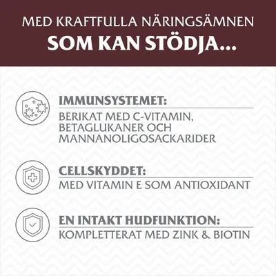 Med kraftfulla näringsämnen som kan stödja immunsystemet, cellskyddet och en intakt hudfunktion. Berikat med C-vitamin, betaglukaner, vitamin E, zink och biotin. Med kraftfulla näringsämnen som kan stödja immunsystemet, cellskyddet och en intakt hudfunktion. Berikat med C-vitamin, betaglukaner, vitamin E, zink och biotin.