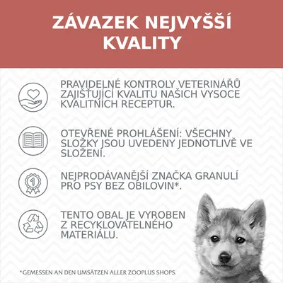 ZÁVAZEK NEJVYŠŠÍ KVALITY: pravidelné kontroly veterinářů, otevřené prohlášení složek, nejprodávanější značka granulí bez obilovin, obal z recyklovatelného materiálu.