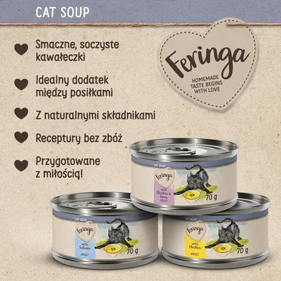 Feringa Cat Soup: smaczne, soczyste kawałeczki, idealny dodatek między posiłkami, z naturalnymi składnikami, receptury bez zbóż, przygotowane z miłością. Puszki 70 g.