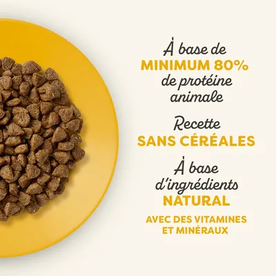 À base de minimum 80 % de protéine animale, recette sans céréales, à base d’ingrédients natural, avec des vitamines et minéraux.