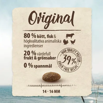 Original. 80 % kött, fisk och animaliska ingredienser, 20 % frukt och grönsaker, 0 % spannmål. High-quality protein 39 %. Foderbitens storlek: 14–16 mm.