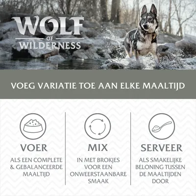 Wolf of Wilderness. Voeg variatie toe aan elke maaltijd. Voer als een complete & gebalanceerde maaltijd. Mix in met brokjes voor een onweerstaanbare smaak. Serveer als smakelijke beloning.