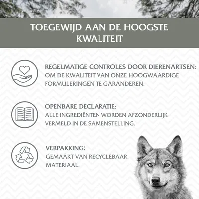 Toegewijd aan de hoogste kwaliteit. Regelmatige controles door dierenartsen, openbare declaratie van ingrediënten, verpakking gemaakt van recyclebaar materiaal.