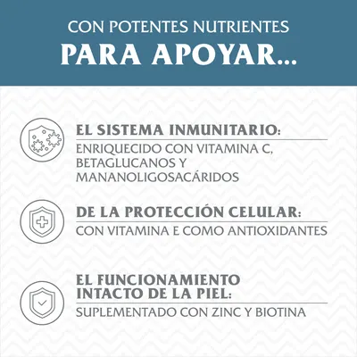 Con potentes nutrientes para apoyar el sistema inmunitario, la protección celular y el funcionamiento intacto de la piel. Vitaminas C, E, betaglucanos, mananooligosacáridos, zinc y biotina.