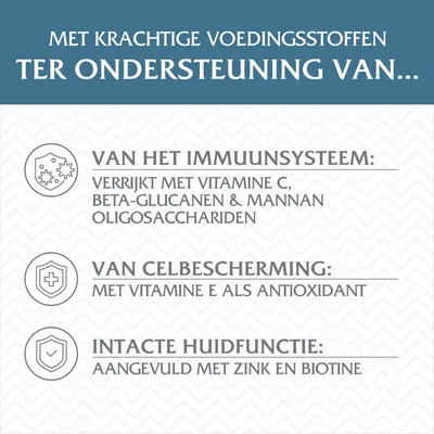 Met krachtige voedingsstoffen ter ondersteuning van het immuunsysteem, celbescherming en huidfunctie. Vitamine C, E, beta-glucanen, mannan-oligosacchariden, zink, biotine.