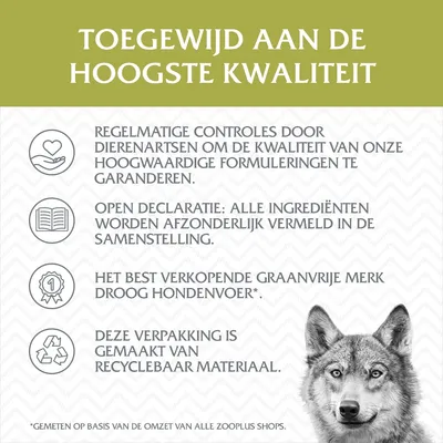 Toegewijd aan de hoogste kwaliteit. Regelmatige controles door dierenartsen, open declaratie ingrediënten, best verkopend graanvrij droog hondenvoer, verpakking van recyclebaar materiaal.