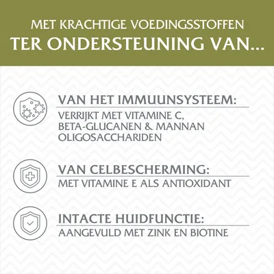 Met krachtige voedingsstoffen ter ondersteuning van het immuunsysteem, celbescherming en intacte huidfunctie. Verrijkt met vitamine C, E, beta-glucanen, mannan-oligosacchariden, zink, biotine.