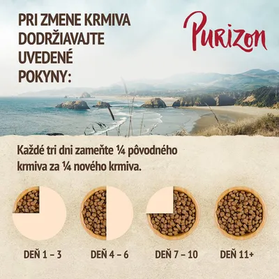 Purizon. Pri zmene krmiva dodržiavajte pokyny: každé tri dni vymeňte ¼ pôvodného krmiva za ¼ nového. Deň 1–3, 4–6, 7–10, 11+ s miskami znázorňujúcimi pomer.
