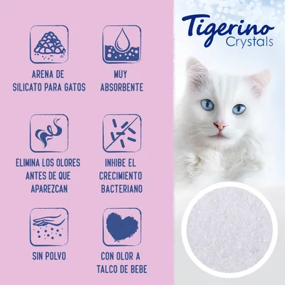 Tigerino Crystals. Arena de silicato para gatos, muy absorbente, elimina los olores antes de que aparezcan, inhibe el crecimiento bacteriano, sin polvo, con olor a talco de bebé.