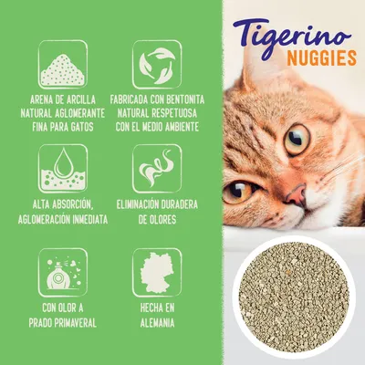 Tigerino Nuggies. Arena de arcilla natural aglomerante fina para gatos, fabricada con bentonita natural, alta absorción, eliminación duradera de olores, olor a prado primaveral, hecha en Alemania.