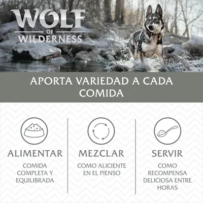 Wolf of Wilderness. Aporta variedad a cada comida. Alimentar: comida completa y equilibrada. Mezclar: como aliciente en el pienso. Servir: como recompensa deliciosa entre horas.