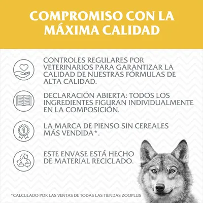 Compromiso con la máxima calidad: controles veterinarios, ingredientes declarados, marca de pienso sin cereales más vendida, envase de material reciclado. Calculado por ventas Zooplus.