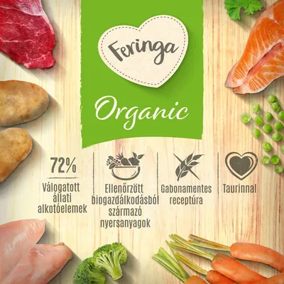 Feringa Organic, 72% válogatott állati alkotóelemek, ellenőrzött biogazdálkodásból származó nyersanyagok, gabonamentes receptúra, taurinnal. Zöldségek és hús képei.