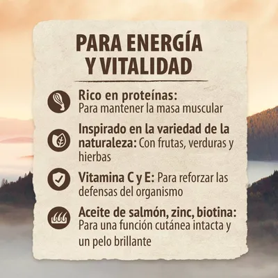 Para energía y vitalidad: rico en proteínas, inspirado en la variedad de la naturaleza, vitamina C y E, aceite de salmón, zinc, biotina. Texto en español.
