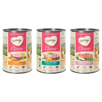 Tre lattine Feringa Classic: Poultry con carote e tarassaco, Turkey with Rabbit con olivello spinoso ed erba gatta, Turkey with Salmon con zucchine e crescione, 400 g ciascuna.