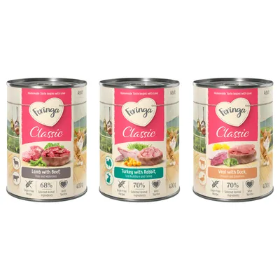 Drie blikken Feringa Classic: Lam met Rund, Kalkoen met Konijn, Kalf met Eend. Elk 400 g, graanvrij, met taurine, geselecteerde dierlijke ingrediënten. Drie blikken Feringa Classic: Lam met Rund, Kalkoen met Konijn, Kalf met Eend. Elk 400 g, graanvrij, met taurine, geselecteerde dierlijke ingrediënten.