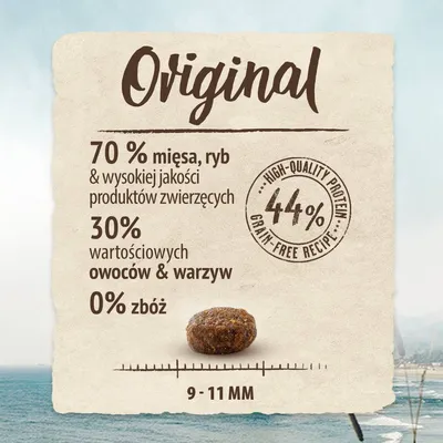 Original. 70 % mięsa, ryb i produktów zwierzęcych, 30 % owoców i warzyw, 0 % zbóż, 44 % białka, wielkość granulki 9–11 mm.