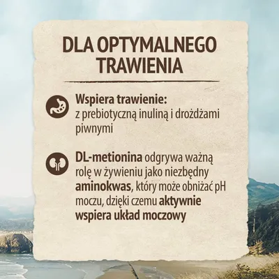 Dla optymalnego trawienia. Wspiera trawienie: z prebiotyczną inuliną i drożdżami piwnymi. DL-metionina odgrywa ważną rolę jako aminokwas, aktywnie wspiera układ moczowy.