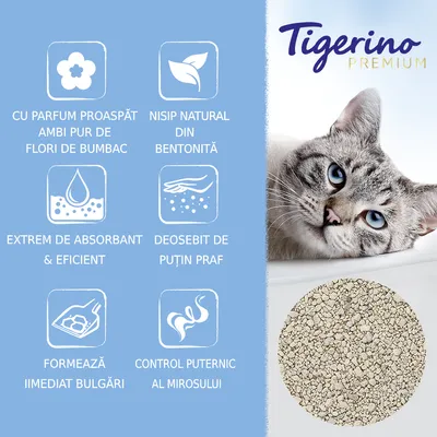 Tigerino Premium. Cu parfum proaspăt ambi pur de flori de bumbac, nisip natural din bentonită, extrem de absorbant și eficient, deosebit de puțin praf, formează imediat bulgări, control puternic al mirosului.