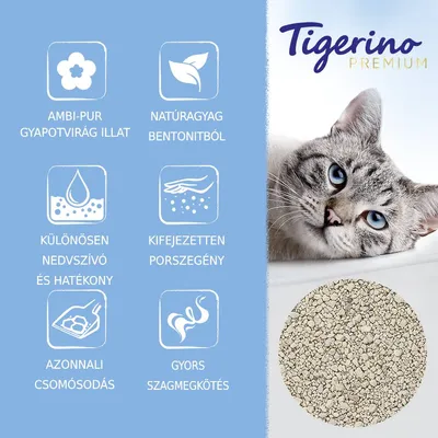 Tigerino Premium. Ambi-Pur gyapotvirág illat, natúragyag bentonitból, különösen nedvszívó és hatékony, kifejezetten porszegény, azonnali csomósodás, gyors szagmegkötés.
