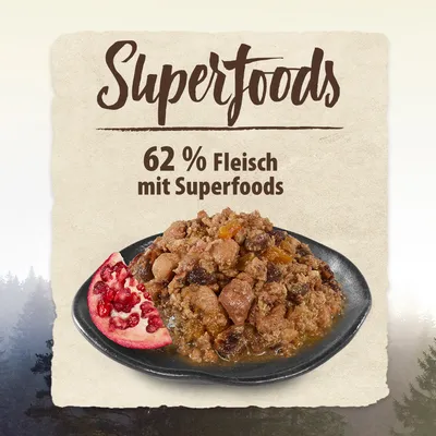Superfoods. 62 % Fleisch mit Superfoods, dargestellt auf einem Teller mit Granatapfelstücken.