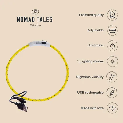 Nomad Tales München. Gelbes LED-Halsband mit USB-Kabel. Eigenschaften: Premiumqualität, verstellbar, automatisch, 3 Lichtmodi, Sichtbarkeit bei Nacht, wiederaufladbar, hergestellt mit Liebe.