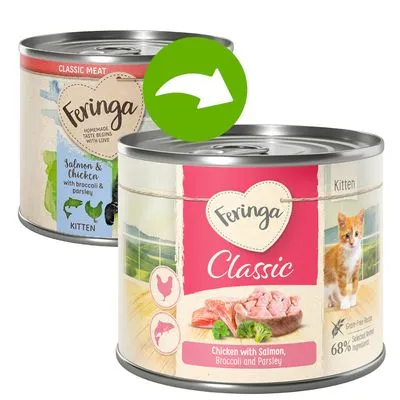 Deux boîtes Feringa Classic pour chaton, saveurs visibles : poulet avec saumon, brocoli et persil ; saumon & poulet avec brocoli et persil. Texte en anglais sur les étiquettes.