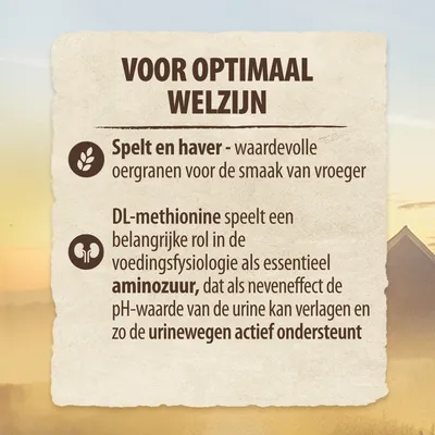 Voor optimaal welzijn: spelt en haver – waardevolle oergranen; DL-methionine ondersteunt urinewegen door verlaging pH-waarde van urine. Essentieel aminozuur genoemd.