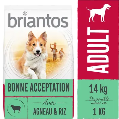 Briantos ADULT, bonne acceptation, avec agneau & riz, 14 kg, disponible aussi en 1 kg