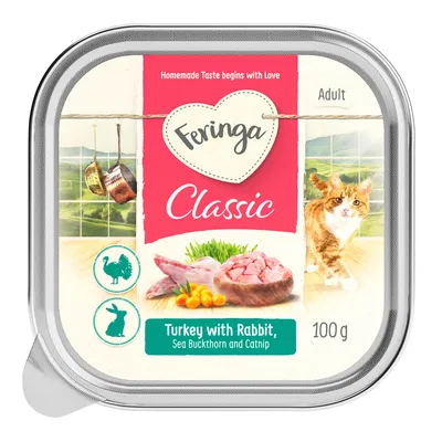Feringa Classic Adult, Turkey with Rabbit, Sea Buckthorn and Catnip, 100 g. Verpackung mit Zutatenabbildung und Katze. Feringa Classic Adult, Turkey with Rabbit, Sea Buckthorn and Catnip, 100 g. Verpackung mit Zutatenabbildung und Katze.
