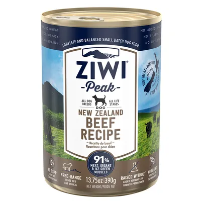 Boîte de nourriture pour chien Ziwi Peak New Zealand Beef Recipe, 91 % viande, abats et moules vertes NZ, 390 g. Texte visible : sans céréales, sans hormones ajoutées, élevage en plein air.