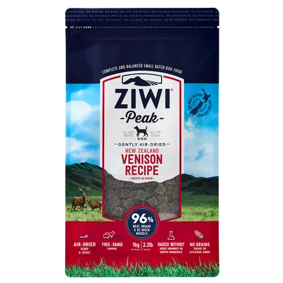 Ziwi Peak cibo per cani, ricetta con carne di cervo, essiccato all'aria, 96% carne e organi, senza cereali, zuccheri o ormoni, da allevamento all'aperto in Nuova Zelanda. Confezione: 1 kg.