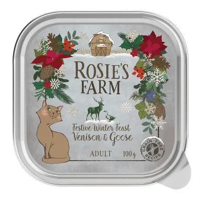 Rosie's Farm Festive Winter Feast Venison & Goose, Adult, 100 g, Grain-Free Recipe feliratú macskaeledel csomagolás, díszítő téli motívumokkal és macska rajzzal.