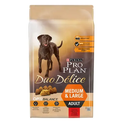 Saco de pienso Purina Pro Plan Duo Délice Medium & Large Adult con trozos visibles, imagen de perro grande y textos: Opti Balance, Excellent Taste, High quality pieces of beef.